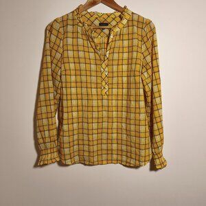 Talbots 100% Cotton Ruffle Trim Popover Plaid  sz M Yellow Black Preppy Classic